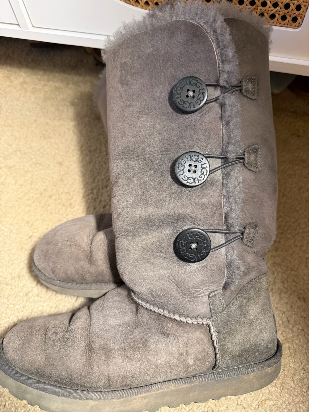 Ugg Women's Suede Fur Lined Bailey Triple Button Tall Boots Gray Size 8